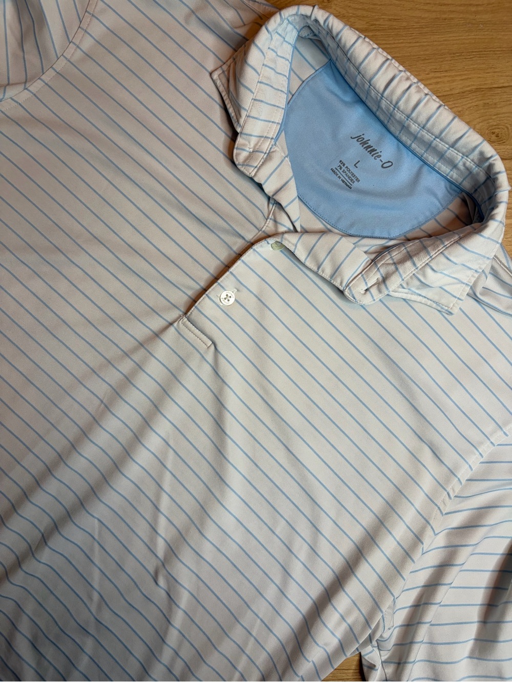 Johnnie-O Mens Large Light Blue White Striped Performance Golf Polo Shirt L